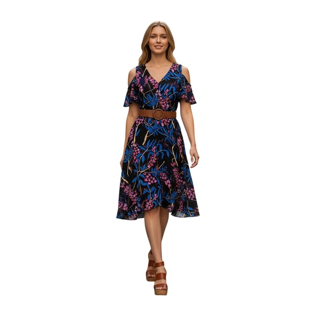 Maeve Anthropologie Floral Cold Shoulder Ruffle Midi Dress Blue Pink Sz 4/S $168
